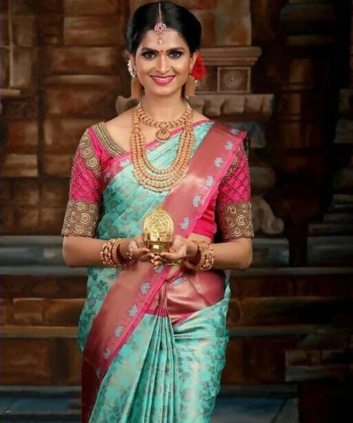 DEIANA'S Beautiful Designer Golden zari Soft Lichi Silk Saree - Sky