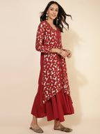 Janasya Women's Red Georgette Foil Printed Festive Flared Dress Set - Distacart