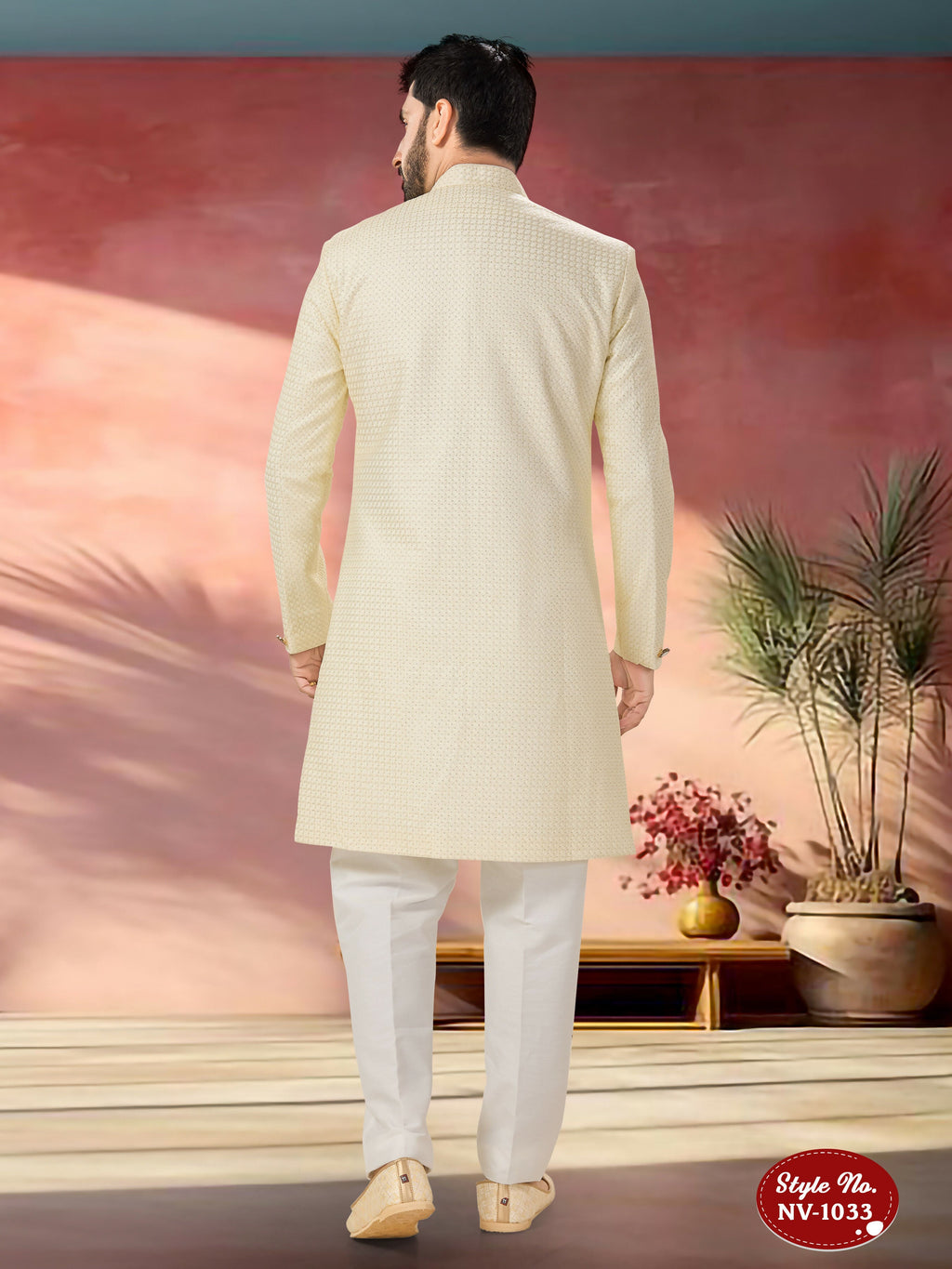 Joban Fashion Men's Cream Straight Silk Thread And Sequence Embroidary All Over Indo-Western Kurta Set