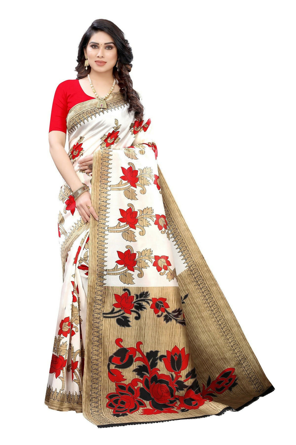 Vamika White Printed Art Silk Saree