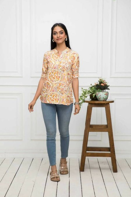 Myshka Women Mustard Floral V-Neck Regular Sleeves Viscose Rayon Top