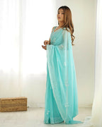 Attractive Looking Georgette Thread, Sequance Embroidery Work Party Wear Saree - Sky Blue