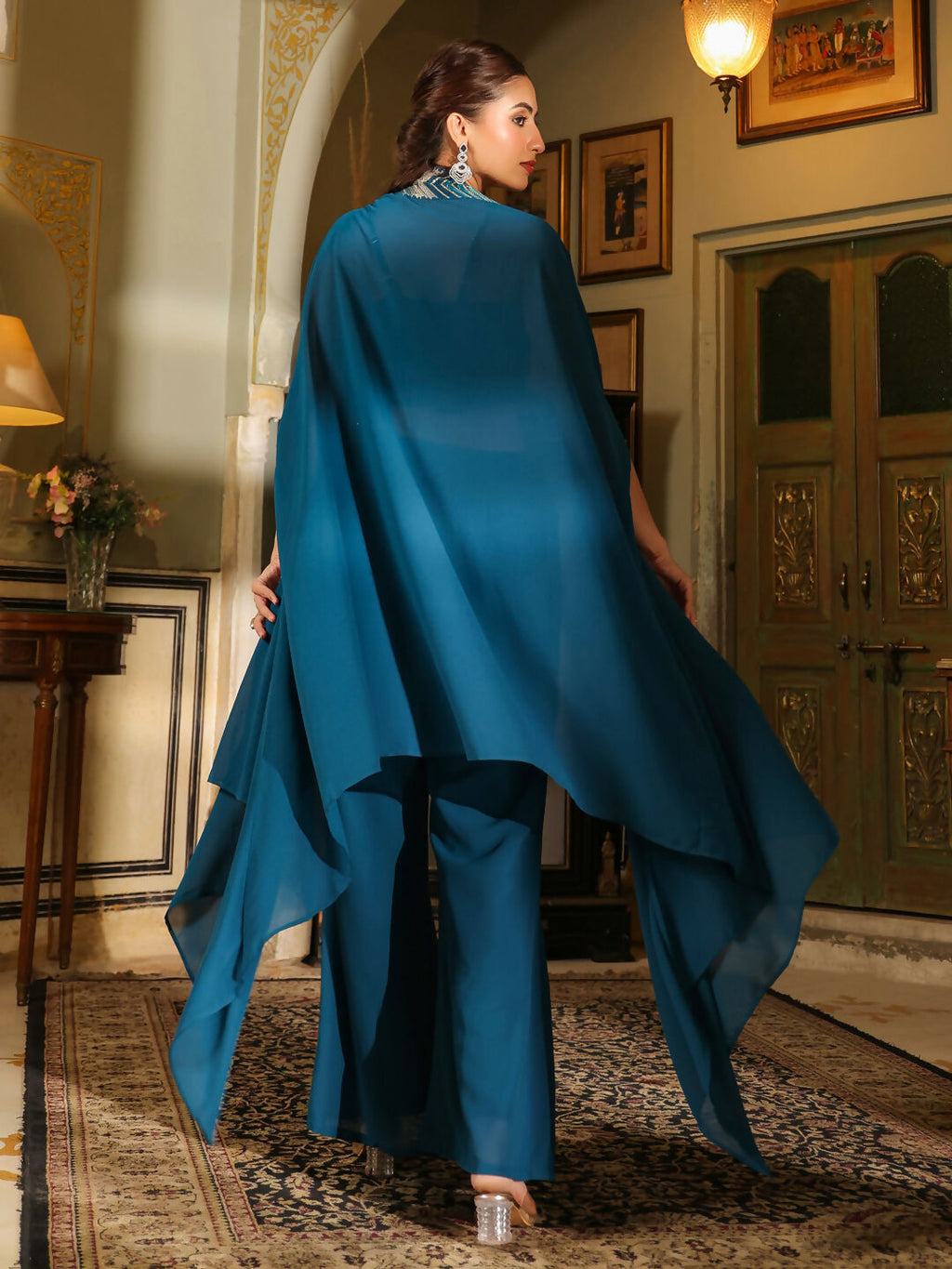 Janasya Teal Blue Georgette Embroidered Top Bottom Cape