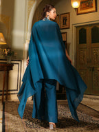 Janasya Teal Blue Georgette Embroidered Top Bottom Cape