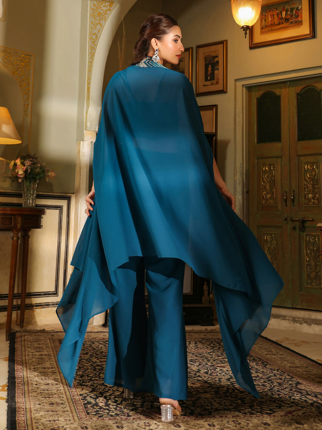 Janasya Teal Blue Georgette Embroidered Top Bottom Cape