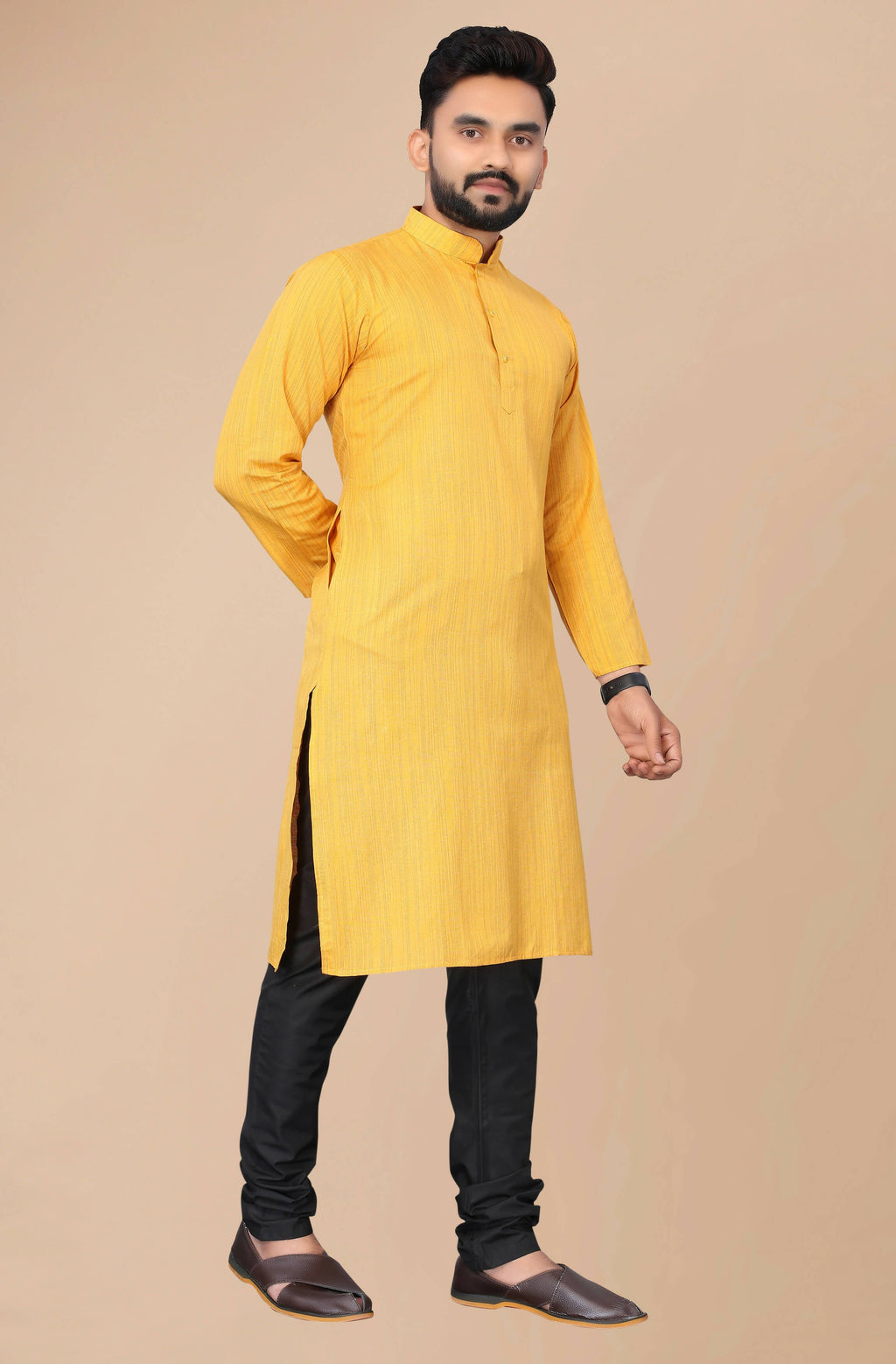 Men's Mustard Striped Cotton Kurta - Mahotsav