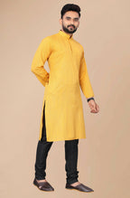 Men's Mustard Striped Cotton Kurta - Mahotsav
