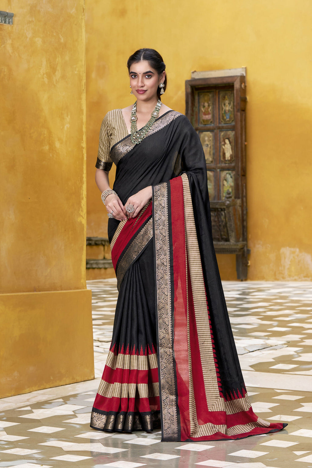Vastranavya Black Printed with Zari Weaving Work Poly Cotton Saree & Unstitched Blouse - Distacart