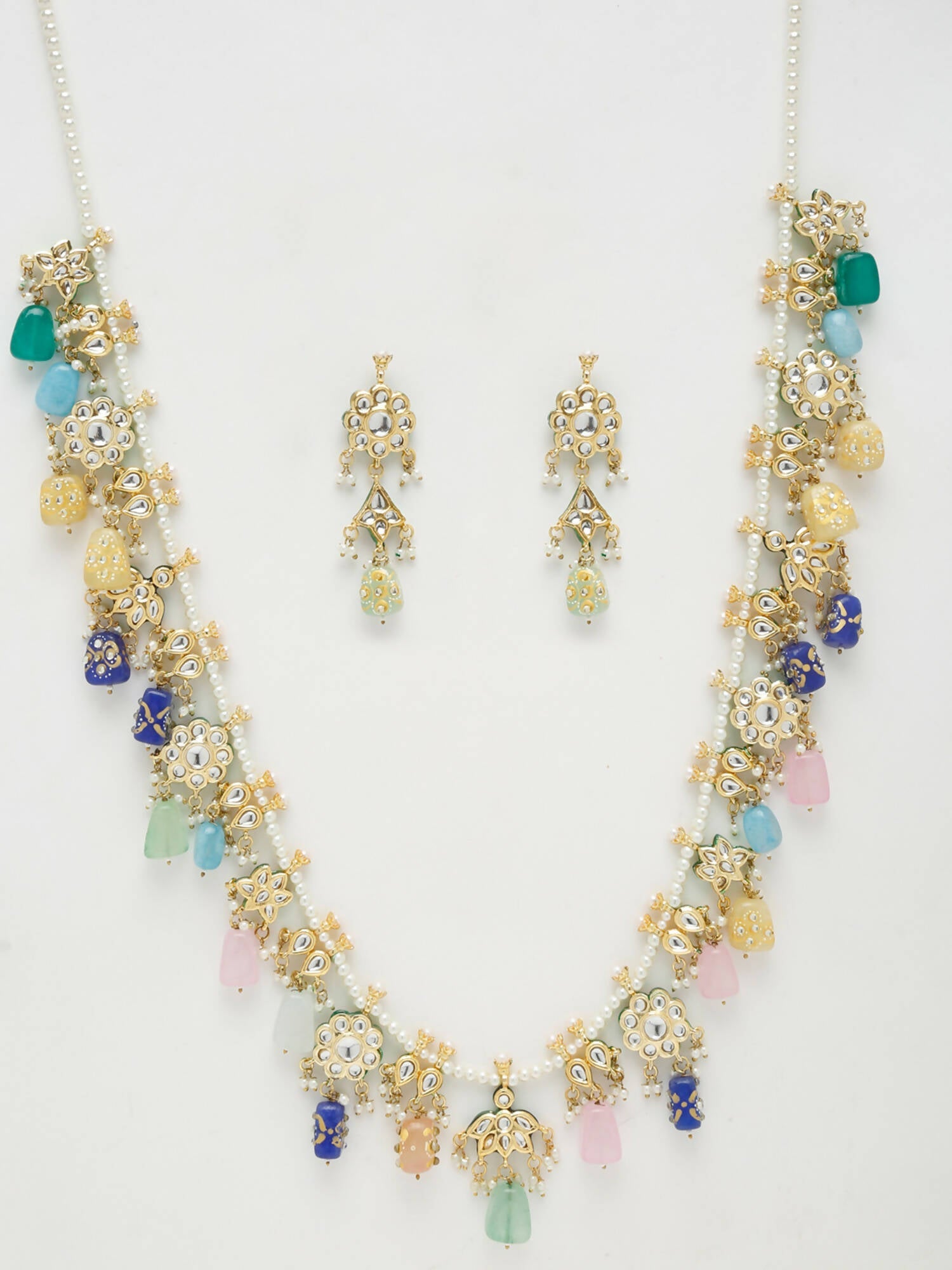 Long Kundan Neckpiece With Studs - Ruby Raang - Distacart