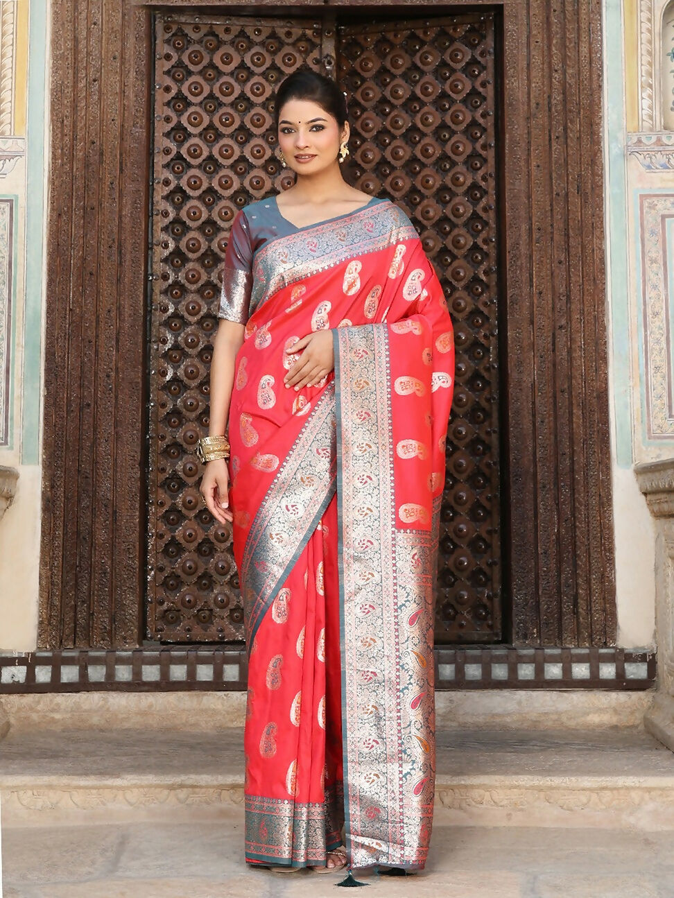 Shree Shyam Fashion Red Silk Saree - Distacart