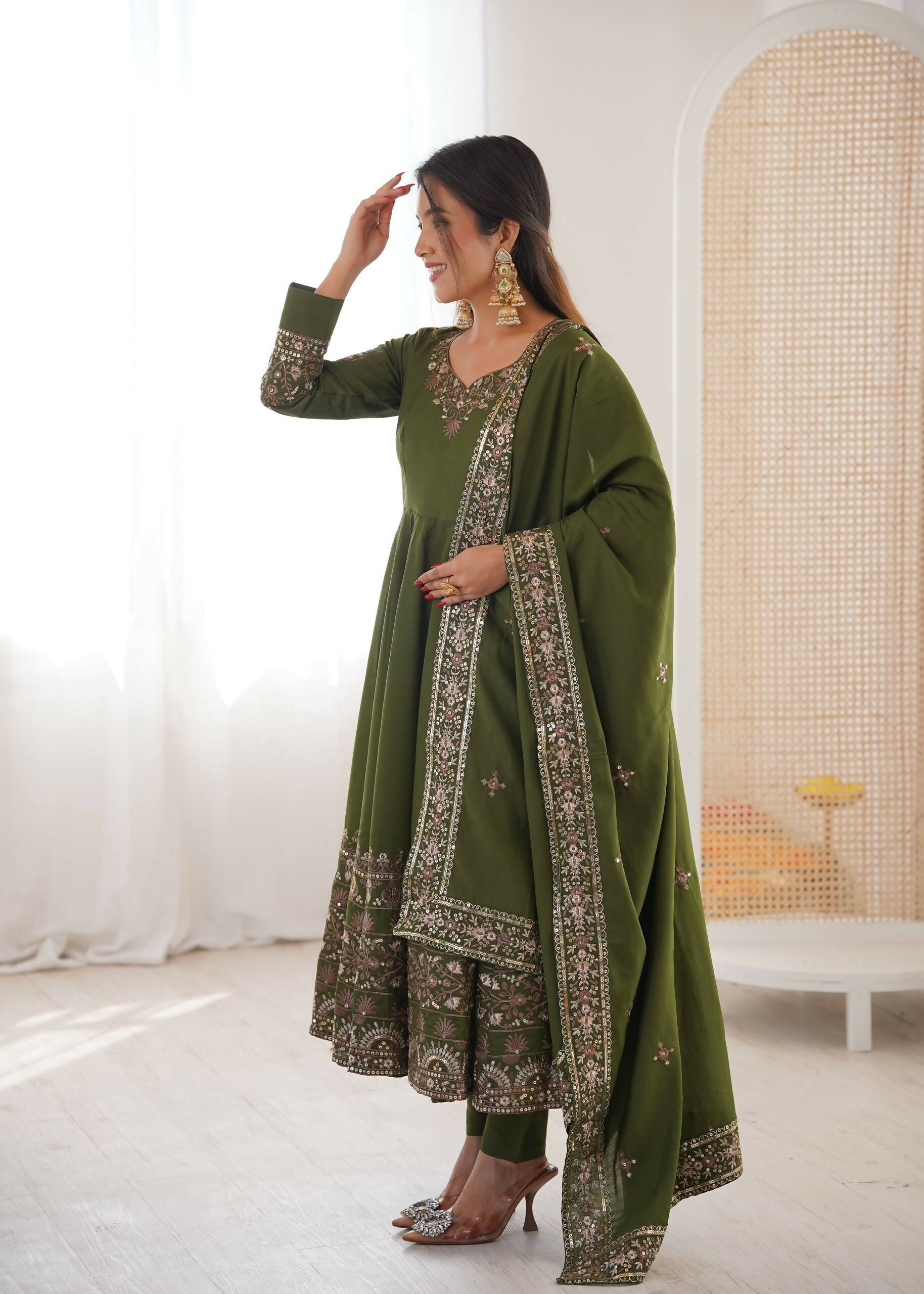 Teeya Creation Green Roman Silk Embroidery Work Party Wear Long Gown - Distacart