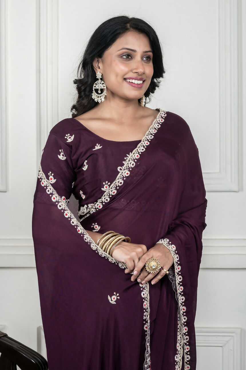 Morchari Wine Chiffon Hand Embroidery Saree And Stitched Blouse - Distacart