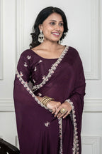 Morchari Wine Chiffon Hand Embroidery Saree And Stitched Blouse - Distacart