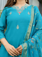 The52 Blue Women's Gorgeous Viscose Fabric Embroidered Work Straight Kurta, Pant and Dupatta Set - Distacart