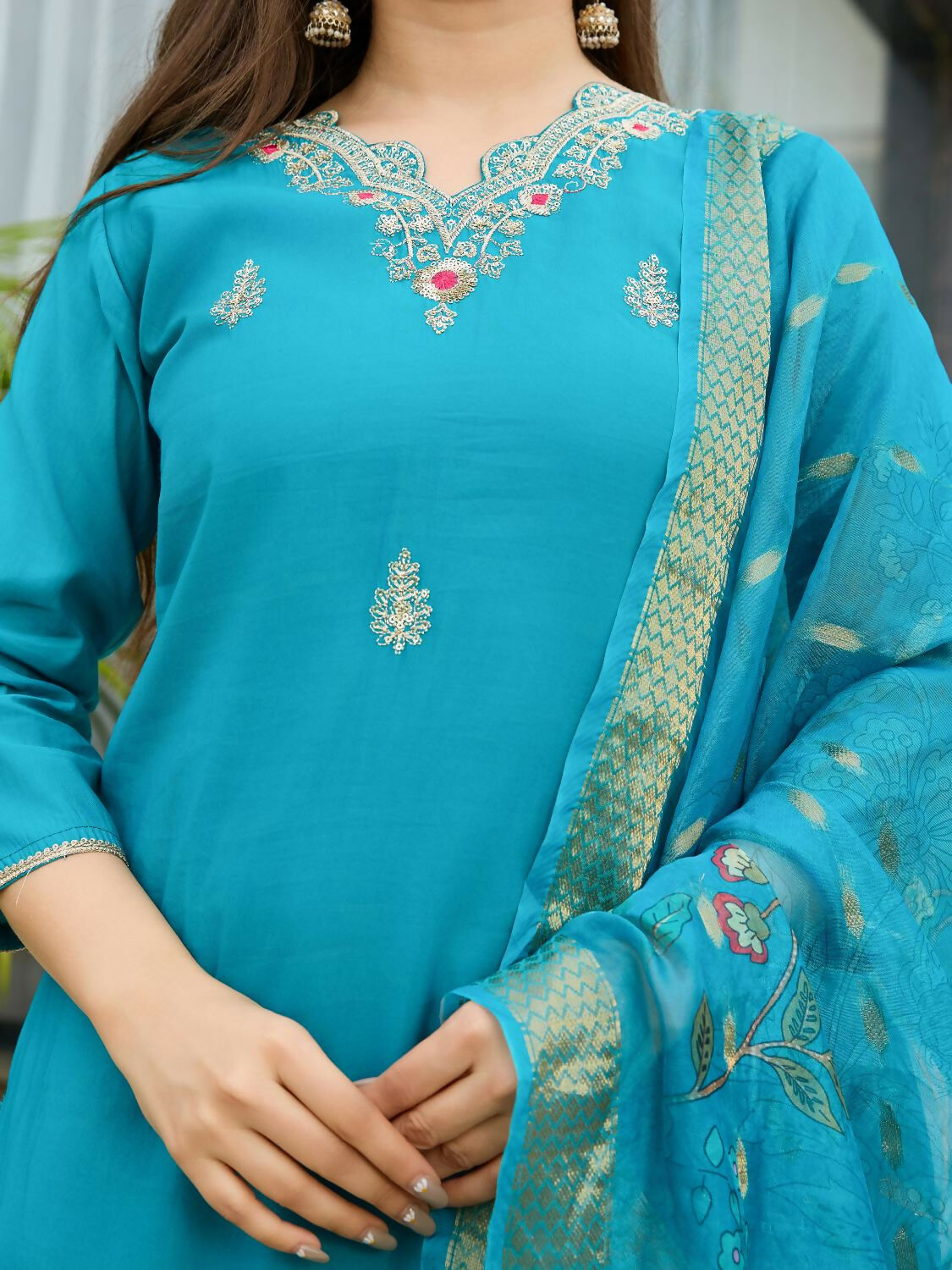 The52 Blue Women's Gorgeous Viscose Fabric Embroidered Work Straight Kurta, Pant and Dupatta Set - Distacart