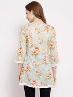 Myshka Women's Off White Cotton 3/4 Sleeve Round Neck Printed Casual Tunic