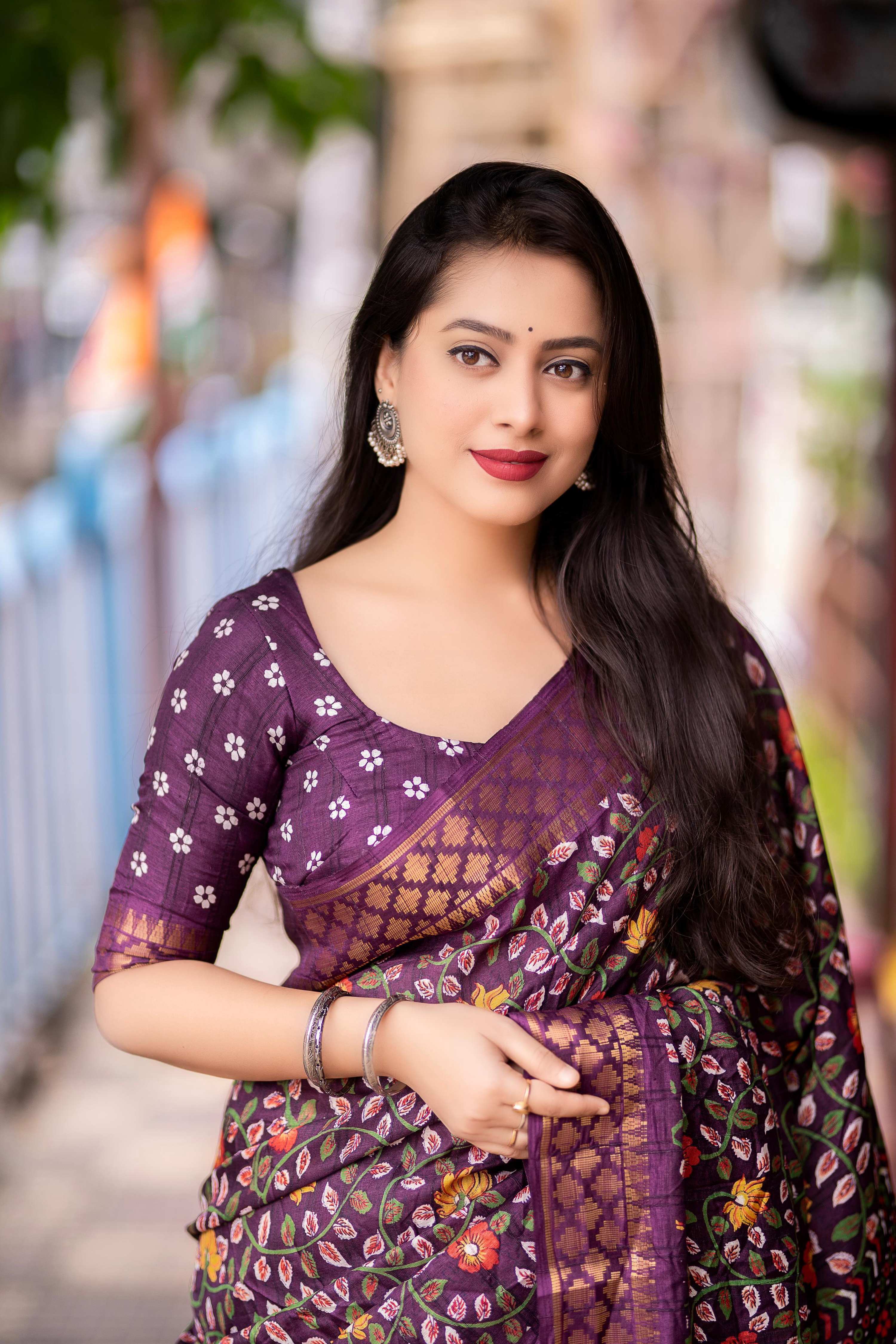 Purple Slub Silk Printed Saree with Unstitched Blouse - Hiral Fashion