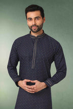 Raivat Ethnic Cotton Printed Work Kurta Pajama In Navy Blue Colour