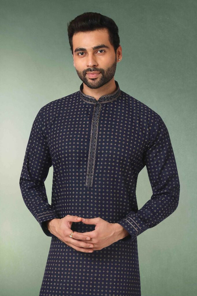 Raivat Ethnic Cotton Printed Work Kurta Pajama In Navy Blue Colour