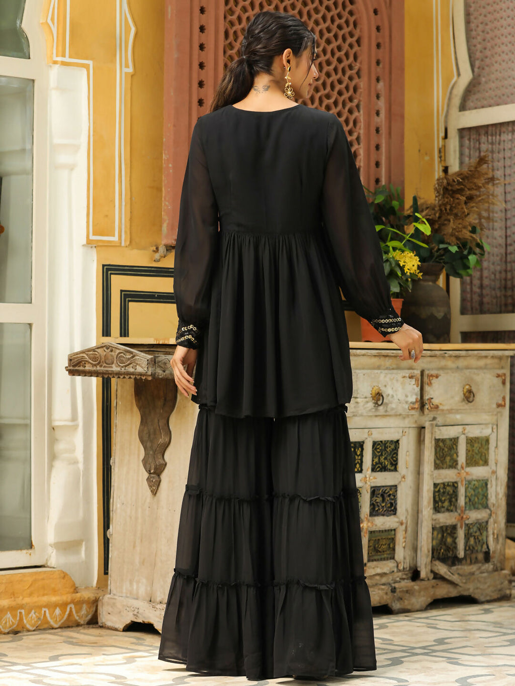 Janasya Black Georgette Sequined Tunic & Bottom