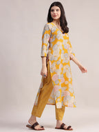 Aavyora Women Yellow Floral Printed Kurta with Striped Pants & Dupatta Set