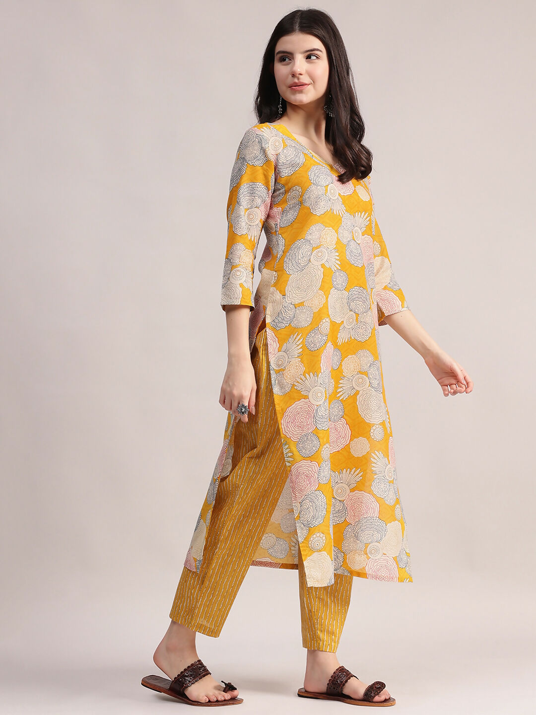 Aavyora Women Yellow Floral Printed Kurta with Striped Pants & Dupatta Set