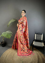 Joban Fashion Reddish Pink Peacocks Flowers & Leaves Soft Silk Paithani Saree - Distacart