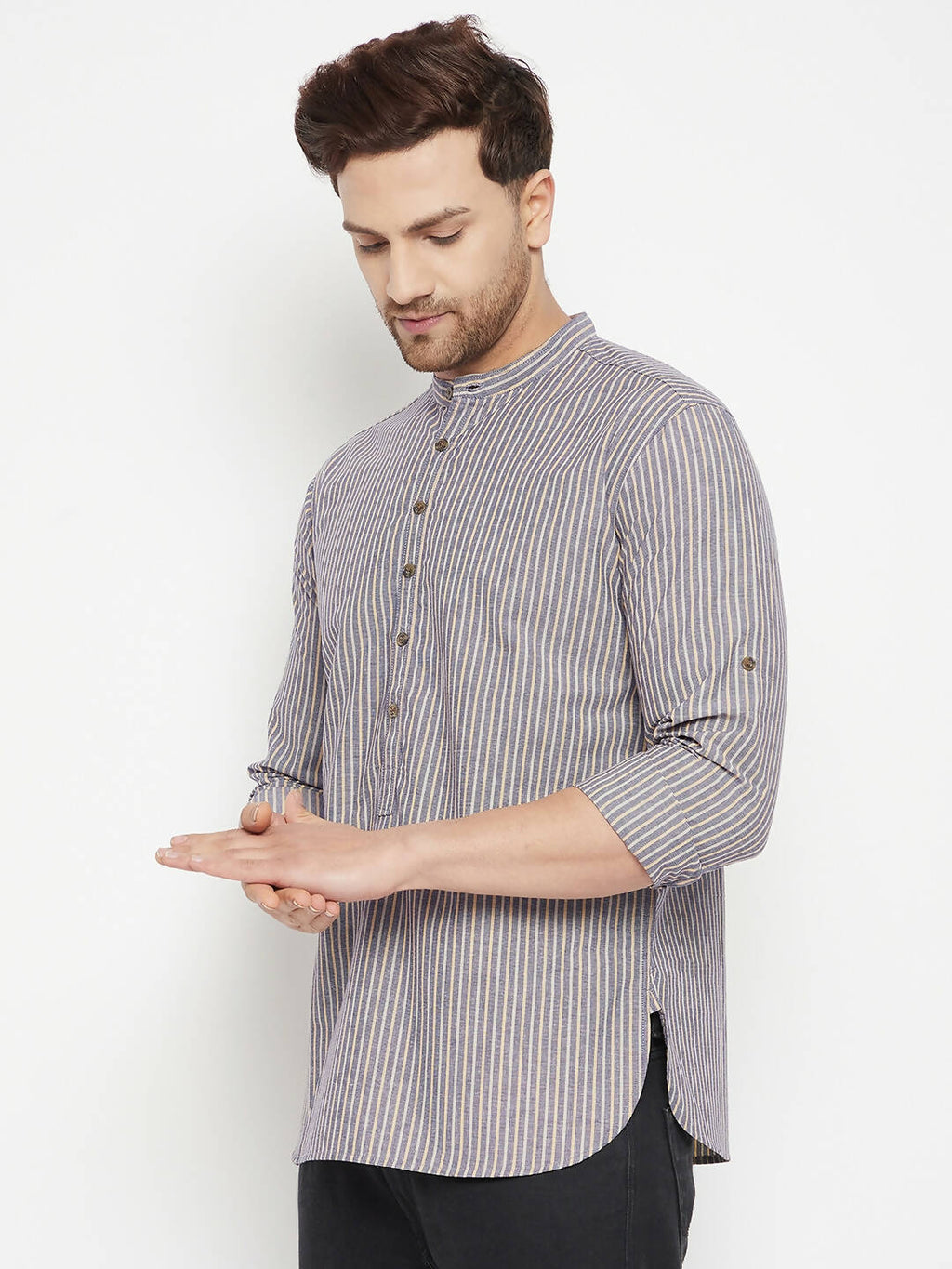 Even Apparels Grey Pure Cotton Short Men's Kurta With Band Collar - Distacart