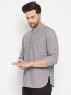 Even Apparels Grey Pure Cotton Short Men's Kurta With Band Collar - Distacart