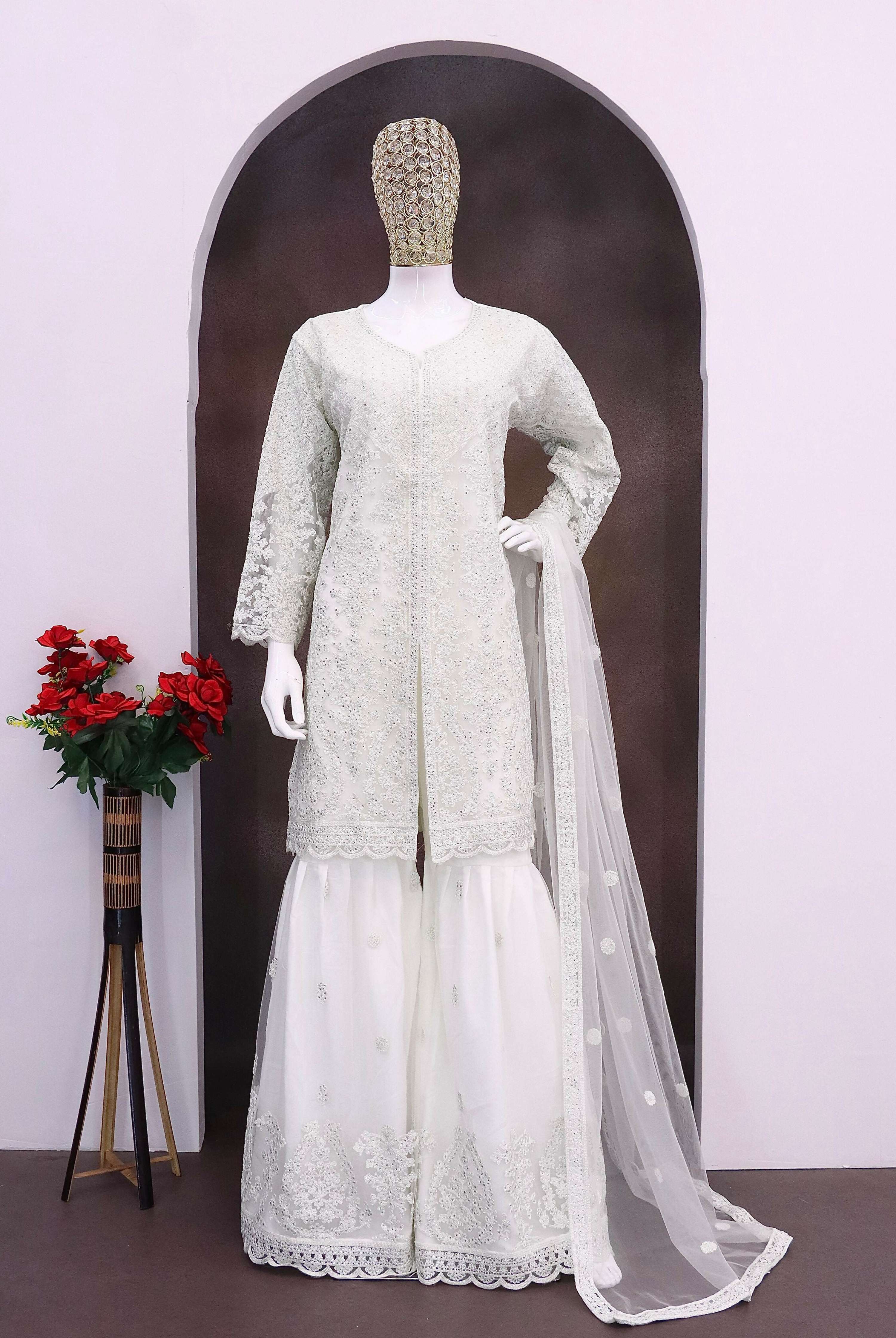 Anaita White Heavy Net Readymade Suit with Embroidery & Sequence Work - Distacart