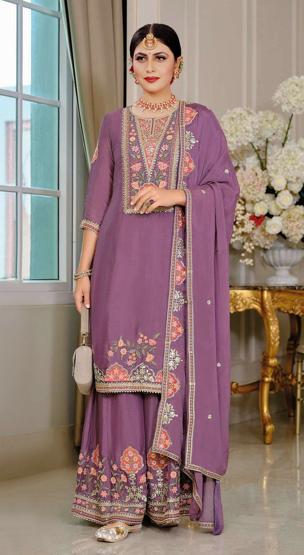 Anaita Purple Chinon Stitched Suit with Embroidery Sequence Work - Distacart