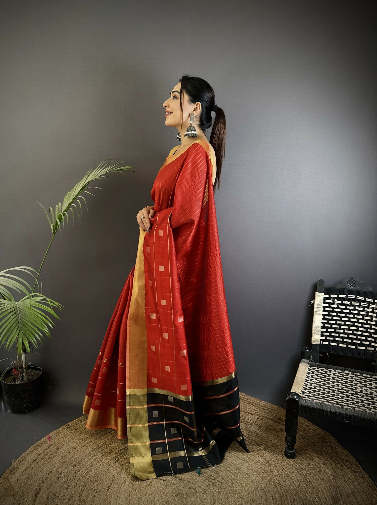 Joban Fashion Red Bhagalpuri Cotton Silk Stripes/Box Saree - Distacart