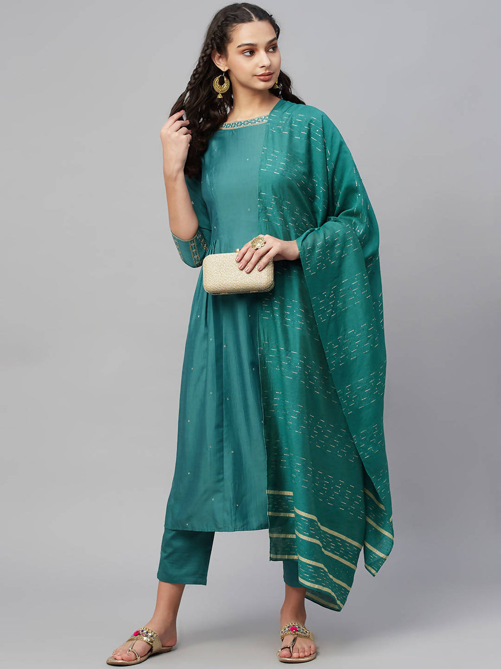 Myshka Dark Green Embroidered 3/4 Sleeve Round Neck Kurta Pant Dupatta Set - Distacart