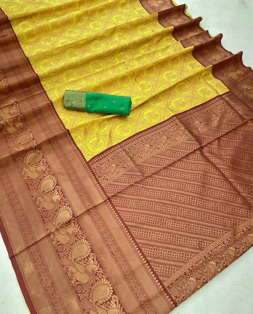 DEIANA'S Beautiful Designer Golden zari Soft Lichi Silk Saree - Yellow