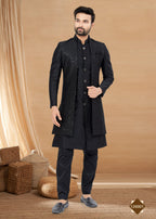 Joban Fashion Men's Black Heavy Art Silk Double Finish Plain Indowestern