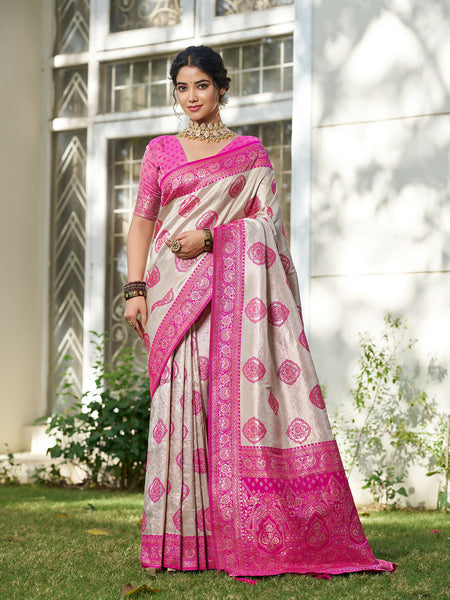 Shree Shyam Fashion Cream With Pink Silk Blend Saree