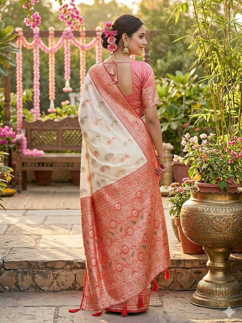 Anaita Off White Silk Blend Woven Saree With Blouse - Distacart