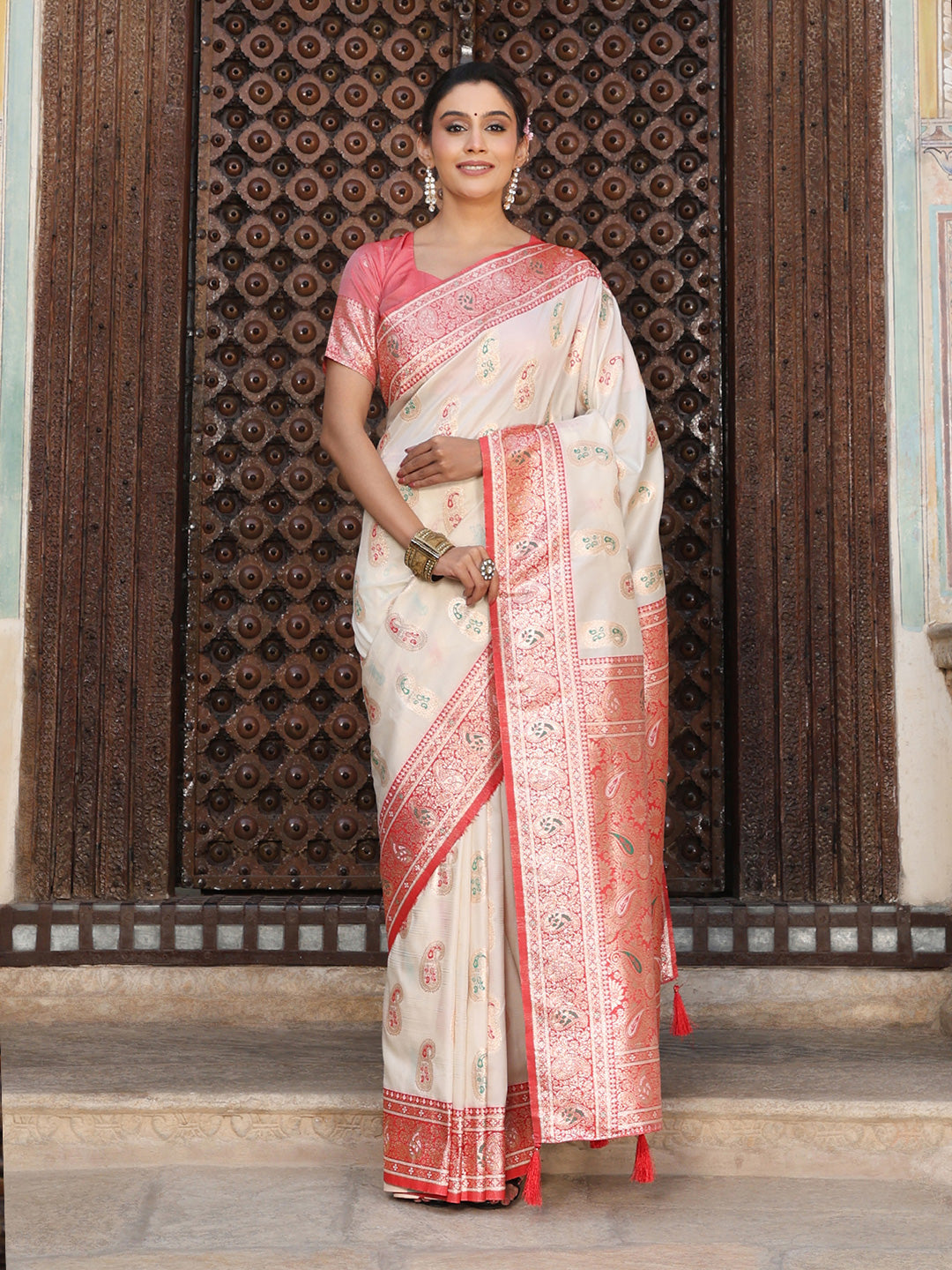 Anaita Off White Silk Woven Saree With Blouse - Distacart