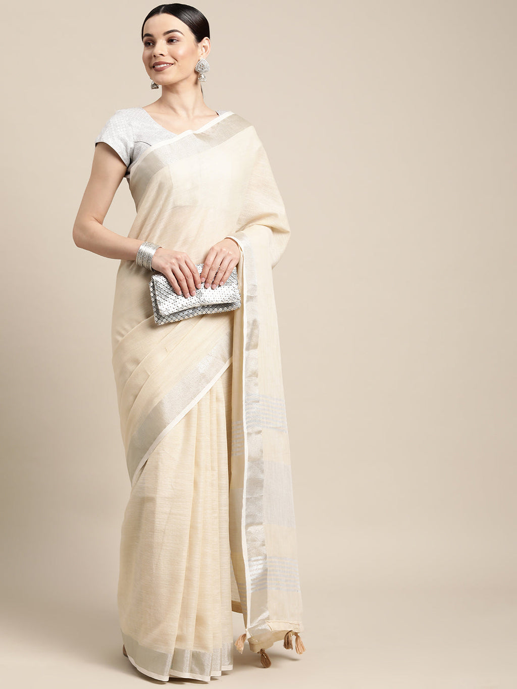 Anaita Off White Linen Saree With Blouse - Distacart