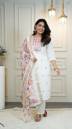 Lorenvalley Fashion Offwhite Roman Silk Embroidery Multi with Sequence Work Kurta Pant with Dupatta - Distacart