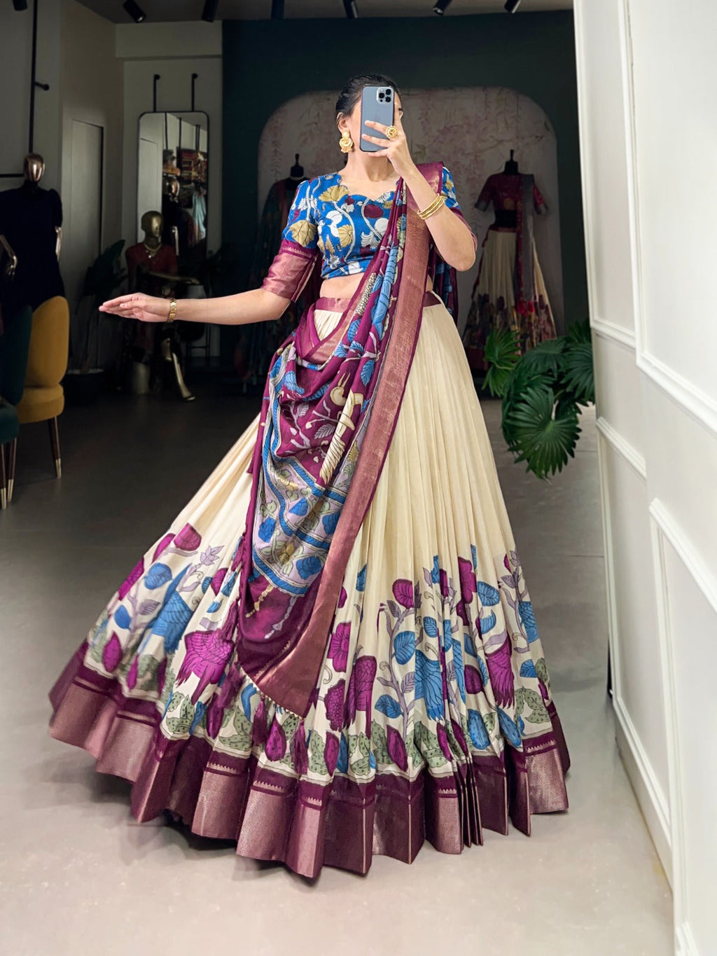 Lorenvalley Offwhite Dola Silk and Jacquard Silk Printed (Kalamkari) With Zari Weaving Border Lehenga Choli