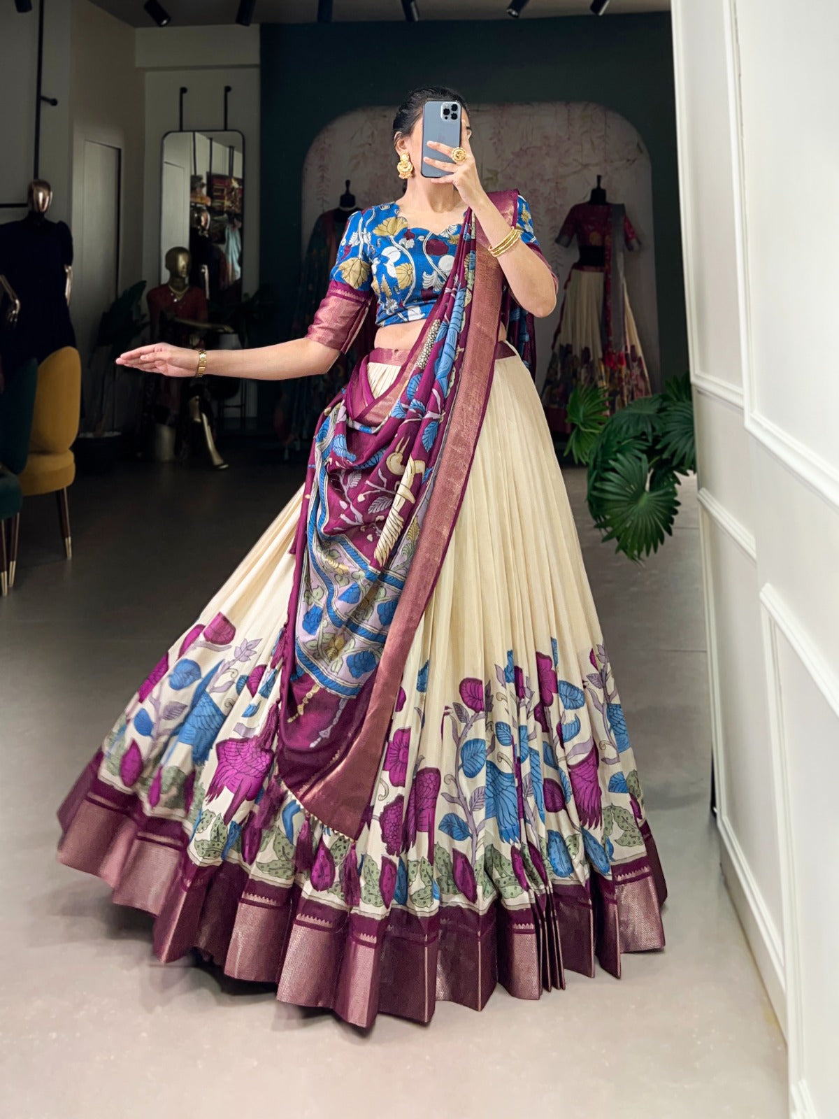 Lorenvalley Offwhite Dola Silk and Jacquard Silk Printed (Kalamkari) With Zari Weaving Border Lehenga Choli