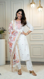 Lorenvalley Fashion Offwhite Roman Silk Embroidery Multi with Sequence Work Kurta Pant with Dupatta - Distacart