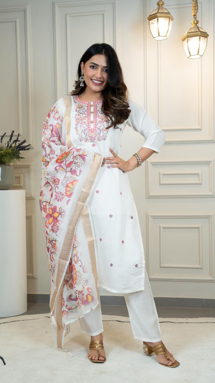 Lorenvalley Fashion Offwhite Roman Silk Embroidery Multi with Sequence Work Kurta Pant with Dupatta - Distacart