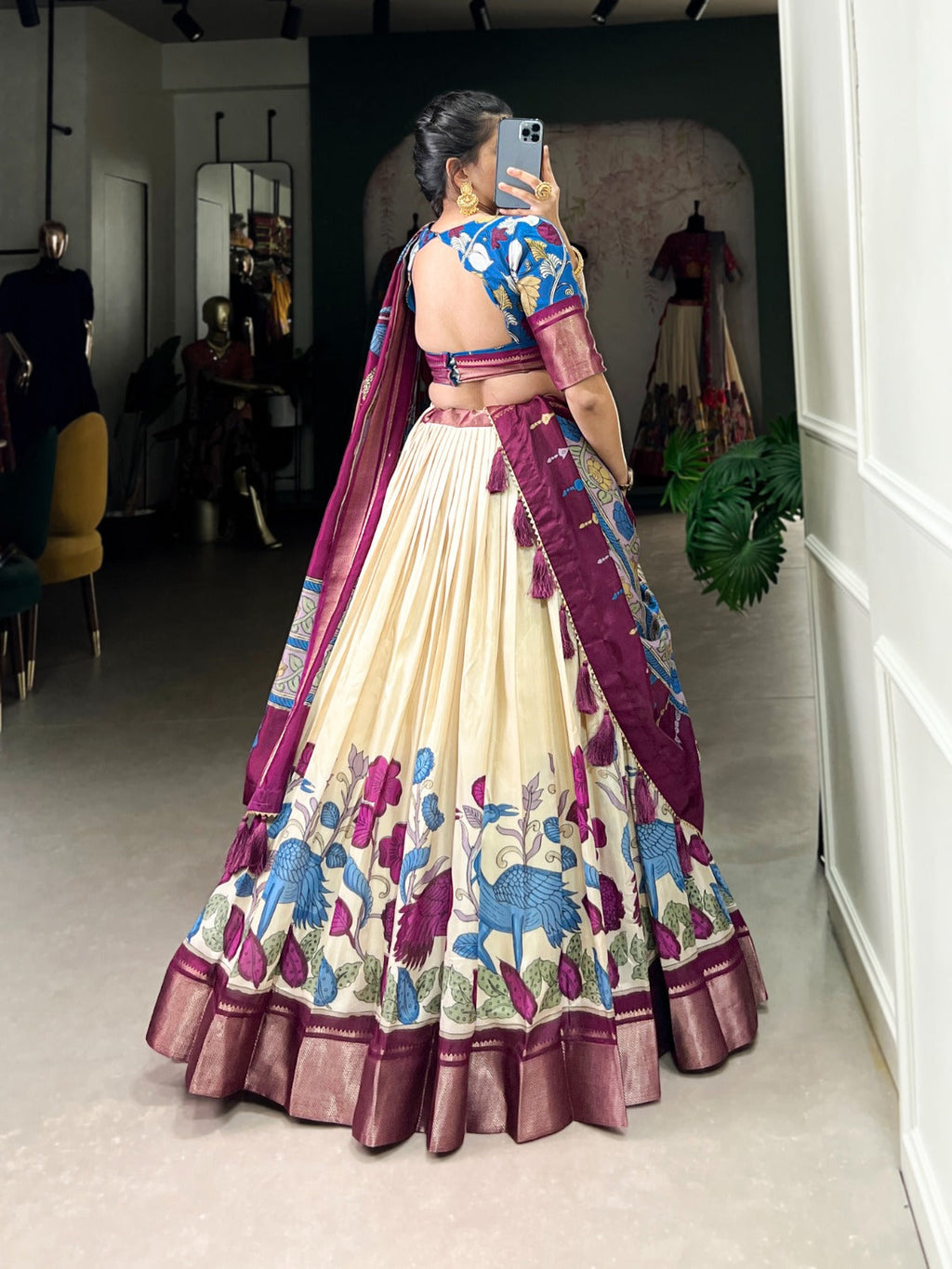 Lorenvalley Offwhite Dola Silk and Jacquard Silk Printed (Kalamkari) With Zari Weaving Border Lehenga Choli