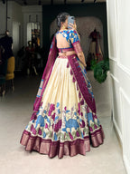 Lorenvalley Offwhite Dola Silk and Jacquard Silk Printed (Kalamkari) With Zari Weaving Border Lehenga Choli