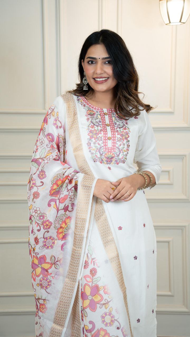 Lorenvalley Fashion Offwhite Roman Silk Embroidery Multi with Sequence Work Kurta Pant with Dupatta - Distacart