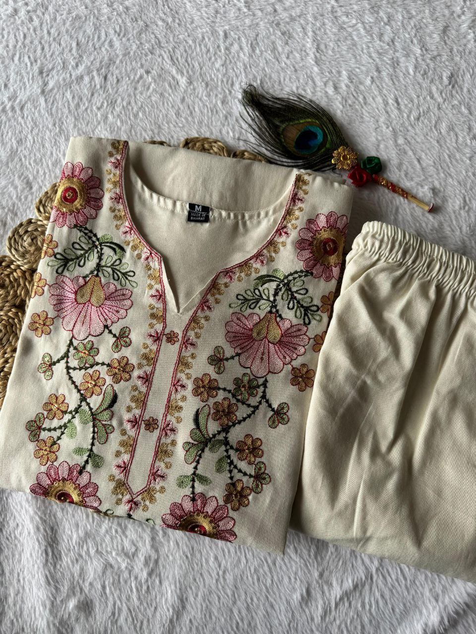 Lorenvalley Fashion Offwhite Pure Khadi Cotton Embroidery with Sequence Work Kurta Pant - Distacart