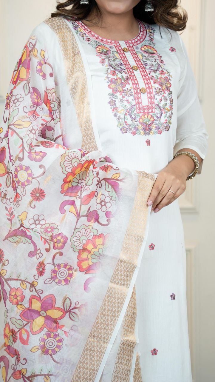 Lorenvalley Fashion Offwhite Roman Silk Embroidery Multi with Sequence Work Kurta Pant with Dupatta - Distacart