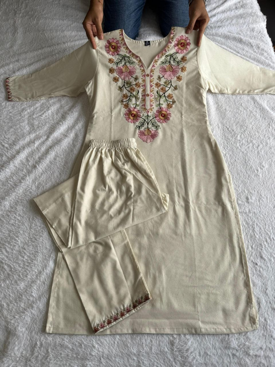 Lorenvalley Fashion Offwhite Pure Khadi Cotton Embroidery with Sequence Work Kurta Pant - Distacart